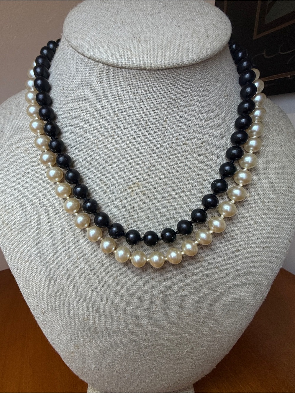 Vintage Black & Ivory Faux Pearl Double Layered Necklace Rhinestone Clasp